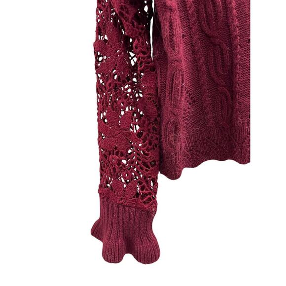 Burgundy red Whimsigoth festival lace sleeve cable knit oversized sweater Sz S - Picture 3 of 9